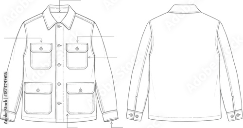 Button-up jacket sketch, long sleeve design, flap pockets, pointed collar, front and back view, fashion technical drawing, flat vector illustration