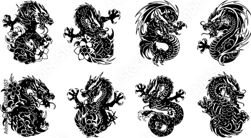 Japanese Dragon and Floral Tattoo Design Set