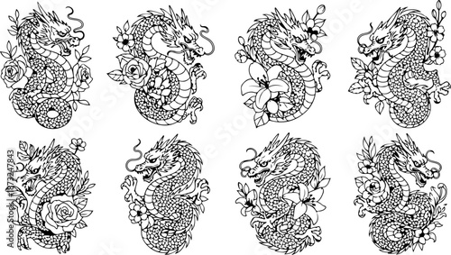 Japanese Dragon and Floral Tattoo Flash Art Collection Set