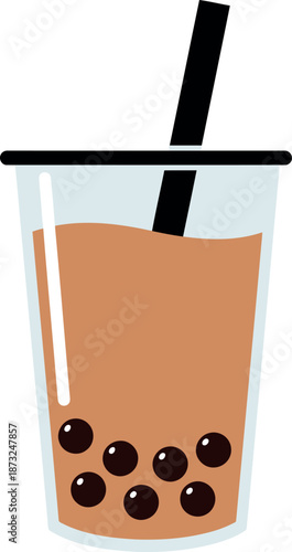 A simple, flat vector illustration of a bubble tea drink in a clear plastic cup with a black straw and tapioca pearls.
