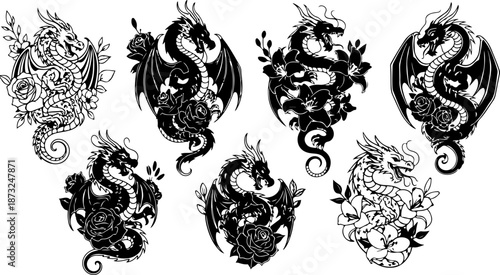 Japanese Dragon and Floral Tattoo Flash Art Collection Set