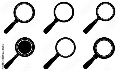 Five black magnifying glasses with transparent background white background silhouette