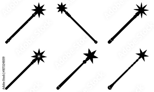 Five Magic Wands with Star Tips on White Background five wands black wands