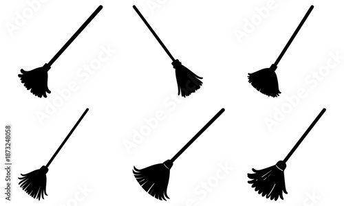 Five Black Brooms with Handles on White Background cleaning household