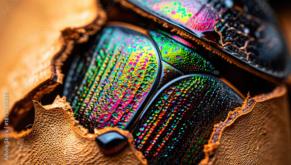 Fototapeta premium Iridescent Beetle Wings on Brown Leather Background, Close-up Macro Photography
