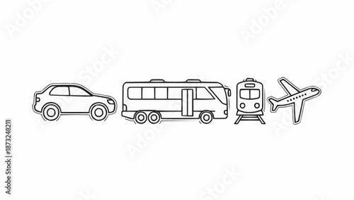 Collection of Transportation Icons Including Car Bus Train and Airplane.