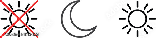 Line-art celestial icon set featuring a sun with a red restriction cross, a crescent moon, and a standard sun for weather, time-of-day, and prohibited solar exposure vector design.