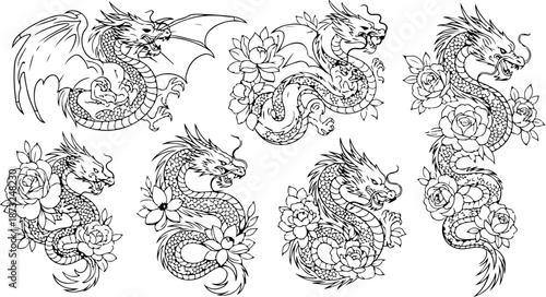 Japanese Dragon and Floral Tattoo Flash Art Collection Set