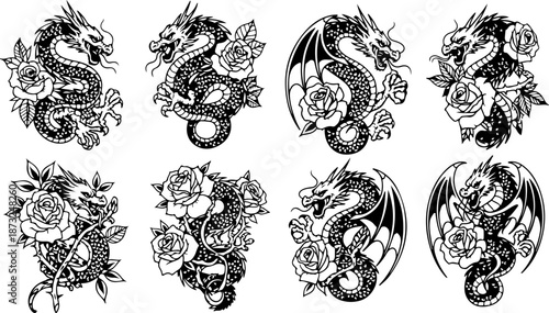 Japanese Dragon and Floral Tattoo Flash Art Collection Set
