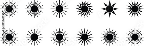 Twelve black silhouette sun icons featuring a wide range of ray designs including wavy, sharp triangular, uniform lines, and alternating lengths for solar and weather vector graphics.
