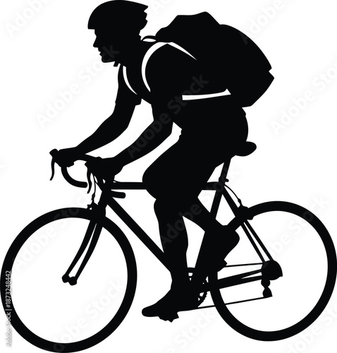 Silhouette graphic depiction of a delivery cyclist wearing a helmet and large backpack riding a road bicycle aggressively against a plain white background.