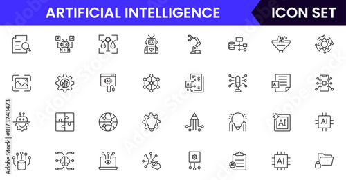 Artificial intelligence icons depicting machine learning, neural networks, automation, robots, data analysis, algorithms, technology, smart systems, AI applications, computing, intelligence