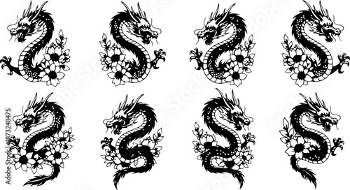 Japanese Dragon and Floral Tattoo Flash Art Collection Set