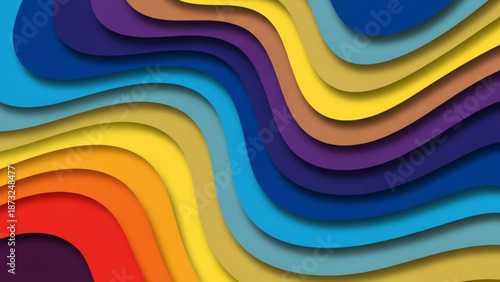 Vibrant wavy layered abstract art with colorful curved lines and shapes in a dynamic composition