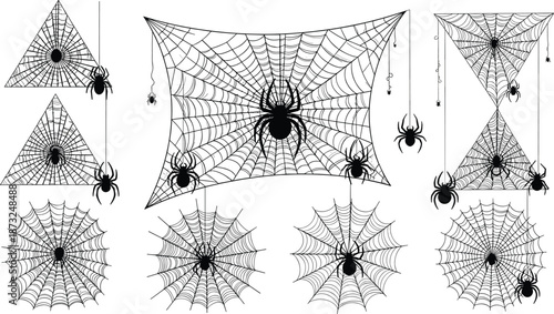 Spider, web, set, halloween, spooky, arachnid, cobweb, pattern, decoration, horror, line, art, black, white, outline, creepy, cad, drawing, flat, vector