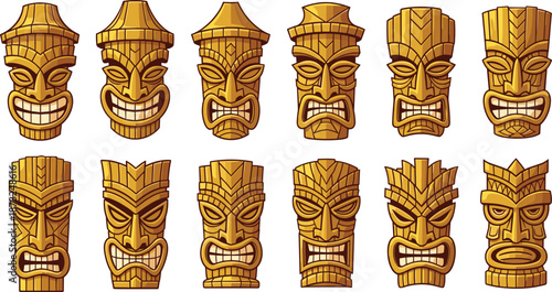 Tribal, tiki, mask, collection, wooden, totem, faces, ethnic, cultural, art, traditional, carved, symbols, heritage, cad, drawing, flat, vector, illustration, isolated