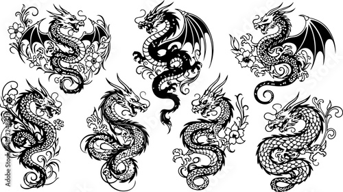 Japanese Dragon and Floral Tattoo Flash Art Collection Set