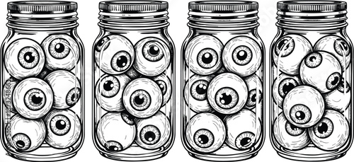 Vintage glass jar filled with spooky realistic eyeballs outline set for Halloween decorations, horror themed party invitations, and macabre art