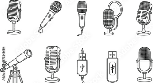Vintage microphone icon set line art collection for podcast radio studio audio equipment cad drawing flat vector illustration design bundle