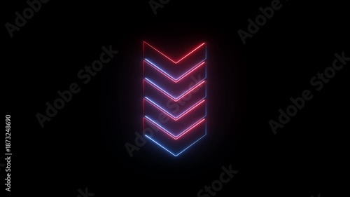 a graphic featuring glowing red and blue neon lights arranged in a chevron or zigzag pattern. arrow direction toward the downside. 4k neon light motion