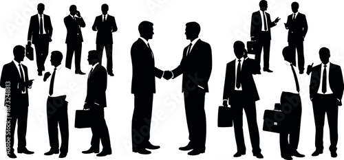 Professional Business People Silhouettes Set Featuring Corporate Executives Shaking Hands Networking Meeting and Global Team Partnership Communication Graphics for Commercial Use