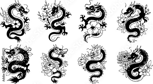 Japanese Dragon and Floral Tattoo Flash Art Collection Set
