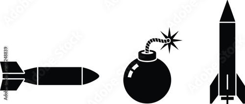 Black silhouette set of explosive weapons featuring a missile, a classic spherical bomb with a lit fuse, and a vertical rocket for military and hazard warning vector design.
