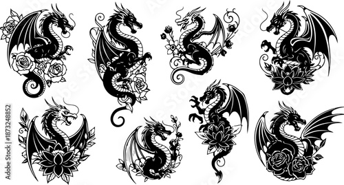 Japanese Dragon and Floral Tattoo Flash Art Collection Set