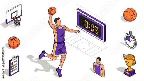 Basketball player mid-air performing a slam dunk, surrounded by sports equipment and digital scoreboard