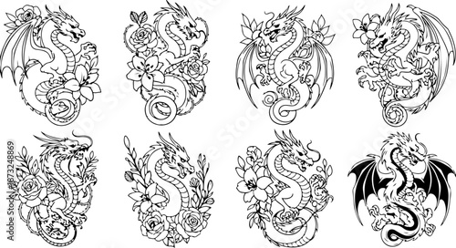 Japanese Dragon and Floral Tattoo Flash Art Collection Set