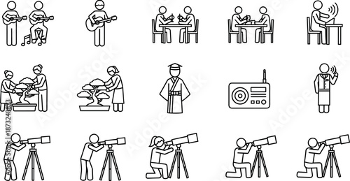 Collection of lifestyle icons featuring people playing guitar, eating, gardening bonsai, stargazing with telescopes, and traditional Japanese culture activities.
