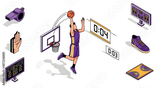 Collection of isometric basketball icons representing the sport and its essential elements, including players and equipment