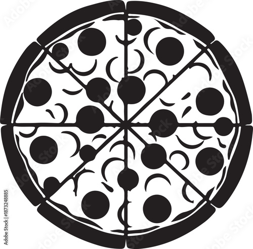 Pizza with black olives and pepperoni toppings cut into eight slices isolated on transparent background
