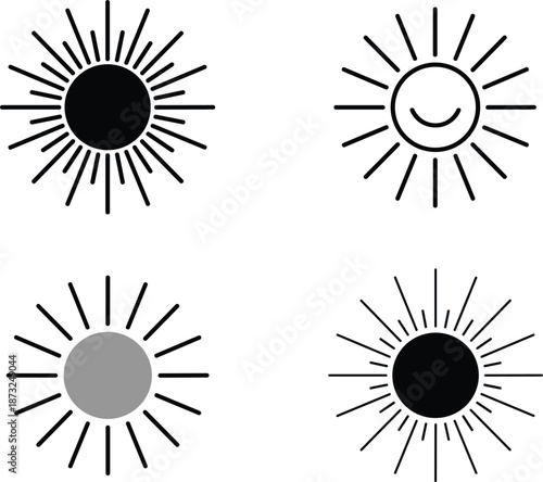 Minimalist sun icon set in various styles including solid black, grayscale, outline, and a smiling sun variant for weather and solar energy vector design.