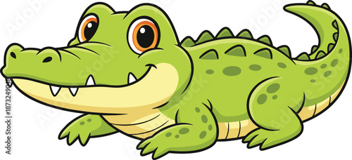 Friendly cartoon crocodile vector illustration with smiling face, green scales, expressive eyes, playful pose, perfect for kids and education design