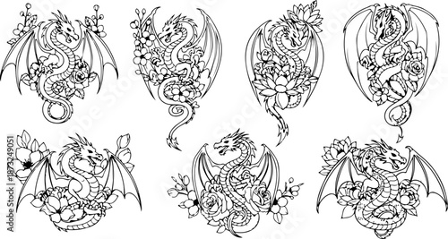 Japanese Dragon and Floral Tattoo Flash Art Collection Set