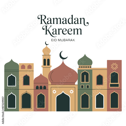 Ramadan Kareem and Eid Mubarak Islamic City Vector Illustration in Muted Colors