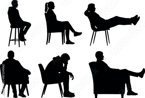 Collection of Silhouettes Featuring People in Various Seated Poses Including Reclining Relaxing Slouching and Formal Sitting Positions on Different Chairs