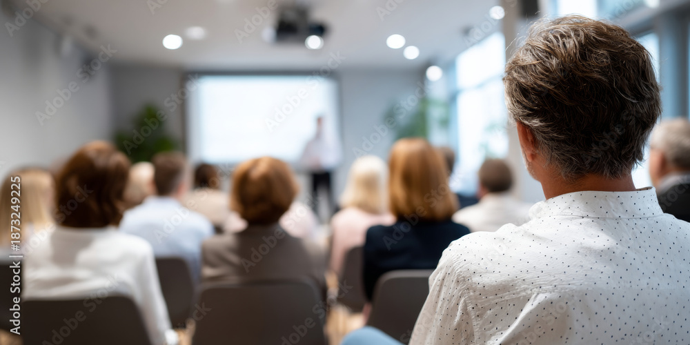 Fototapeta premium Audience attending a business seminar or conference in a modern meeting room with a speaker presenting in front of a projection screen