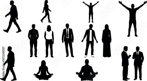 Diverse Collection of People Silhouettes Featuring Men and Women Walking Standing Celebrating Meditating and Business Professionals in Various Casual Poses