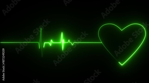 neon green graphic representing a heart and a heartbeat pulse line, also known as an electrocardiogram (ECG or EKG).  The line on the left is a waveform that monitors heart activity, showing a normal 