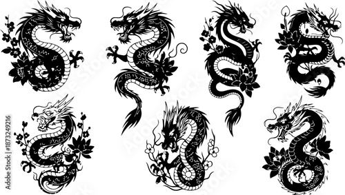 Japanese Dragon and Floral Tattoo Flash Art Collection Set