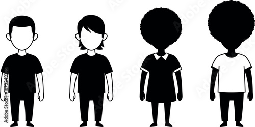 Diverse children avatars set featuring various hairstyles and clothing styles in flat black and white vector silhouette for inclusive graphic design