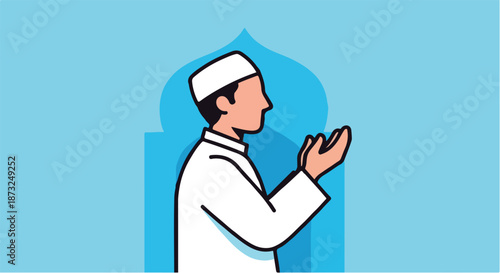 Illustrated Muslim Man Offering Prayer with Hands Raised, Symbolizing Worship, Devotion, and Spirituality in a Serene Mosque Setting
