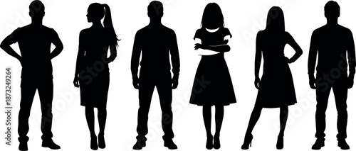 Diverse Group of People Silhouettes in Professional and Casual Standing Poses Isolated on White Background for Business and Community Design
