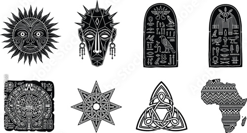 Cultural symbol icon set featuring Aztec, African, Egyptian, Celtic, solar motifs, heritage silhouettes for global design themes.
