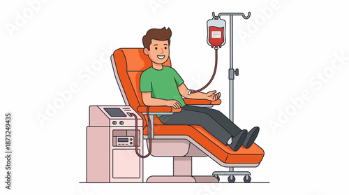 Happy male donor sits in a medical chair giving blood next to an apheresis machine on white background, concept for medical campaigns, health awareness promotion and hospital service brochures