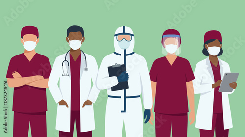 Diverse team of doctors, nurses and staff wearing masks and PPE gear standing together against a green background, concept for healthcare campaigns, medical education and hospital advertising