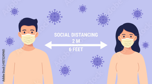 Flat vector of two individuals wearing masks maintaining 6 feet social distance, surrounded by virus cells, concept for pandemic infographics, hygiene promotion and safety rules presentation