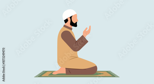 Muslim Man Kneeling on a Prayer Mat, Raising His Hands in Supplication and Prayer, Facing Right, Illustration